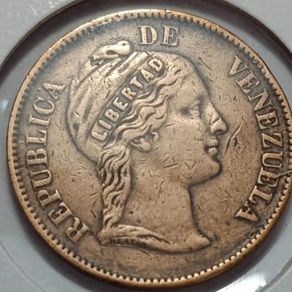 1863 Moneda Venezuela 1 Centavo Bronce VF+ - Imagen 3