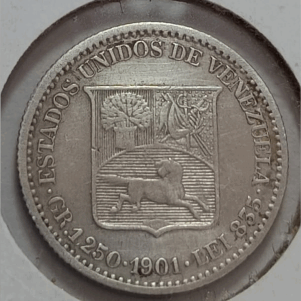1901 Moneda Venezuela 25 Centavos Plata XF - Imagen 2
