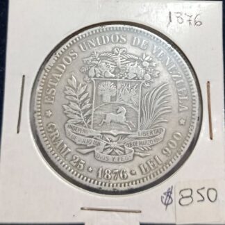 Moneda 1876 Venezuela 5 Bolívares Plata