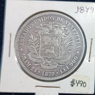 Moneda 1879 Venezuela 5 Bolívares Plata