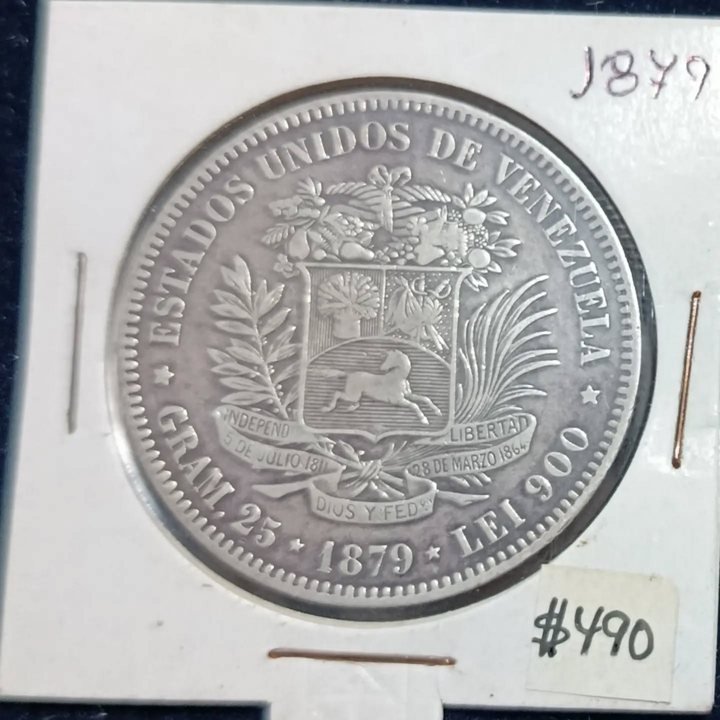 Moneda 1879 Venezuela 5 Bolívares Plata