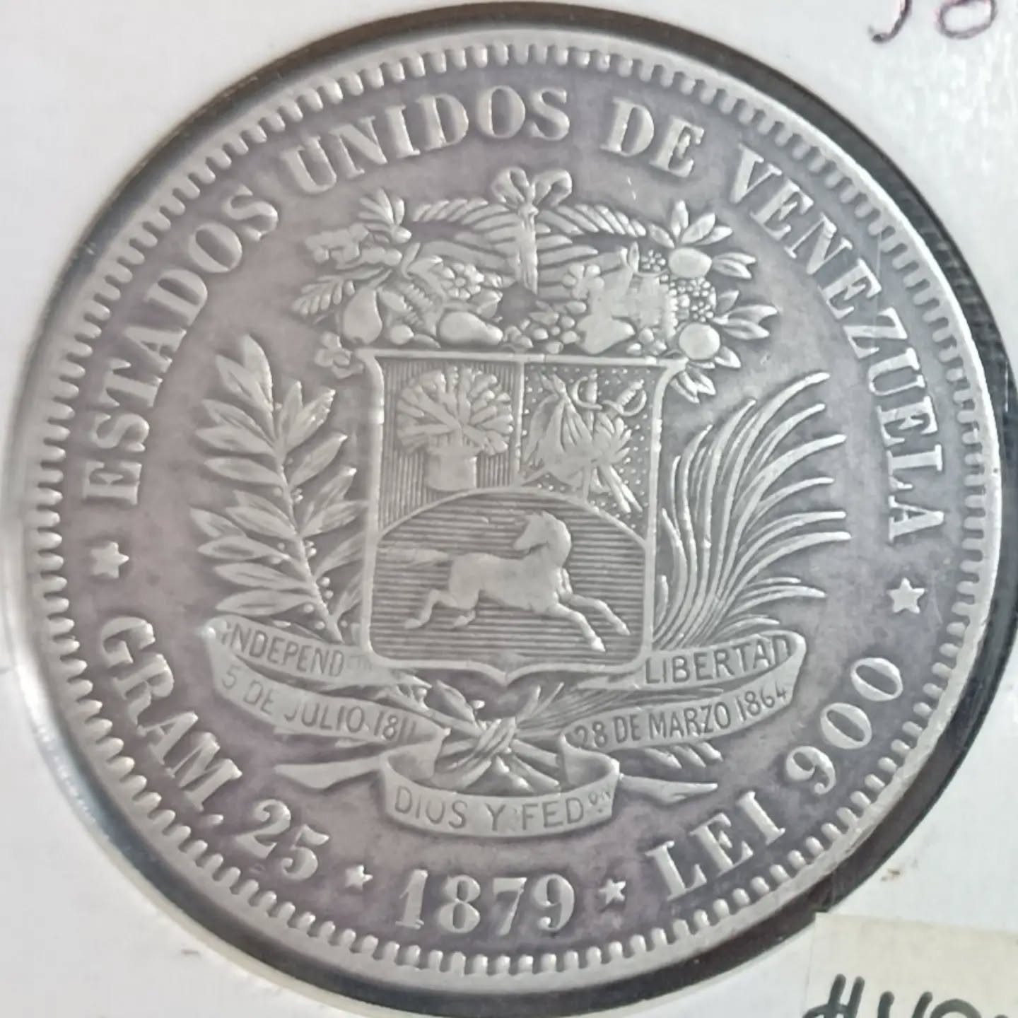 Moneda 1879 Venezuela 5 Bolívares Plata