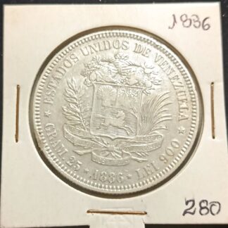 Moneda 1886 Venezuela 5 Bolívares Plata