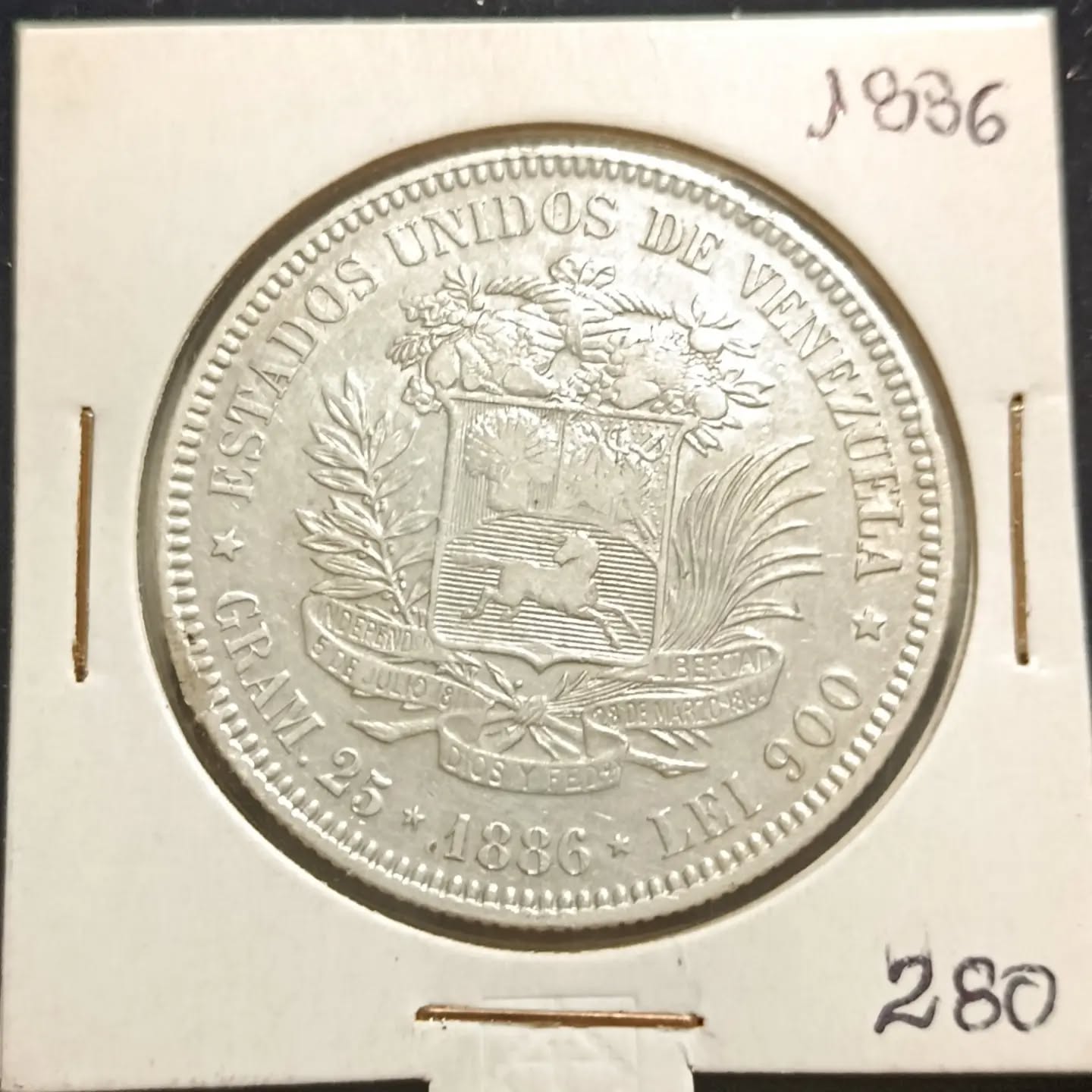 Moneda 1886 Venezuela 5 Bolívares Plata