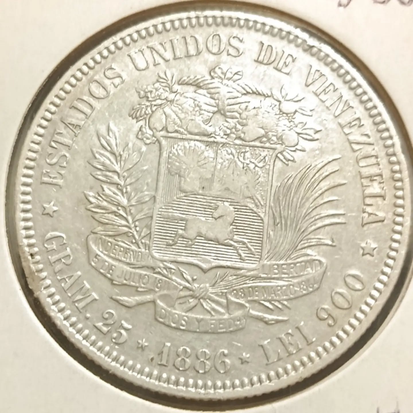 Moneda 1886 Venezuela 5 Bolívares Plata