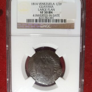 Moneda 1814 Venezuela ½ Real Guayana Flan Grande «4» Invertido NGC VF 30 BN