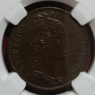 Moneda 1858 Venezuela 1 Centavo Heaton «Libertad» incusa NGC AU 50 BN — anverso