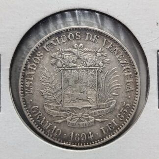 Moneda 1894 Venezuela 2 Bolívares Plata — reverso