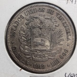 Moneda 1919 Venezuela 5 Bolívares Plata — reverso