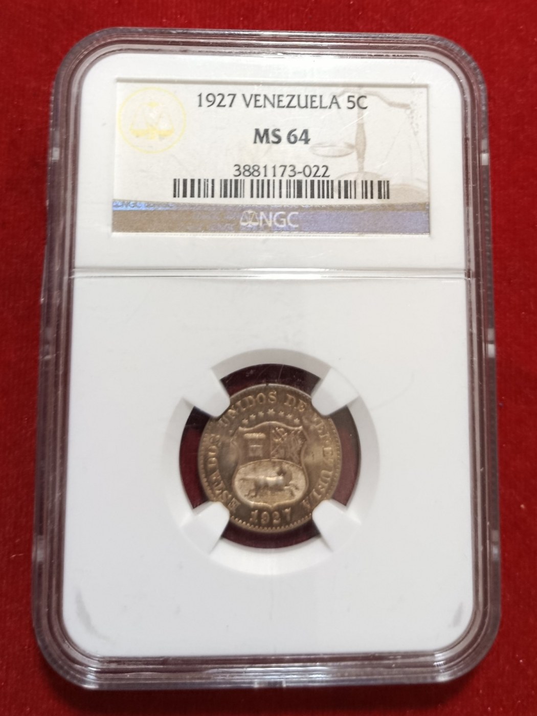 Moneda 1927 Venezuela 5 Céntimos NGC MS 64