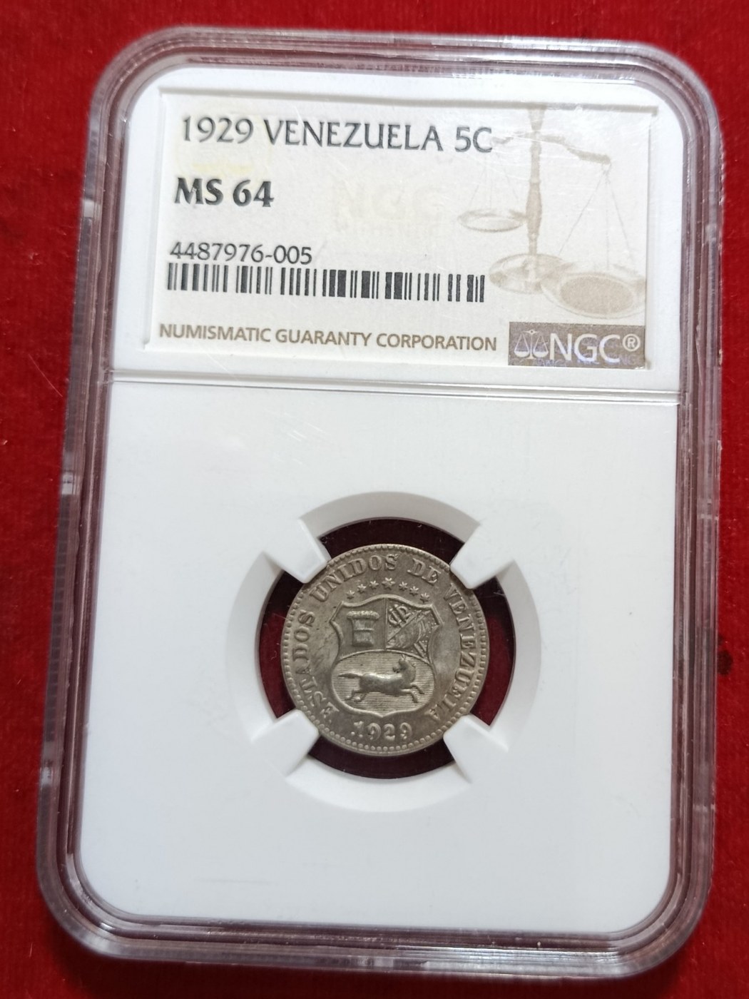 Moneda 1929 Venezuela 5 Céntimos NGC MS 64
